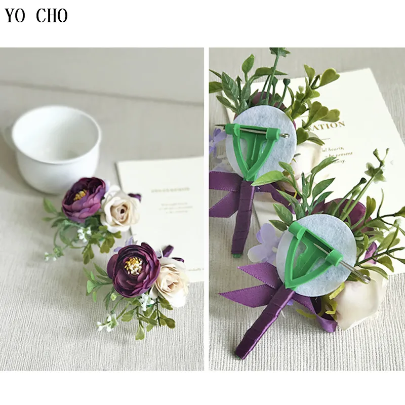 YO CHO Purple Wedding Bracelet Groom Boutonniere Wedding Corsage and Women Brooch Flore Wedding Marriage Corsage Bracelet Flower