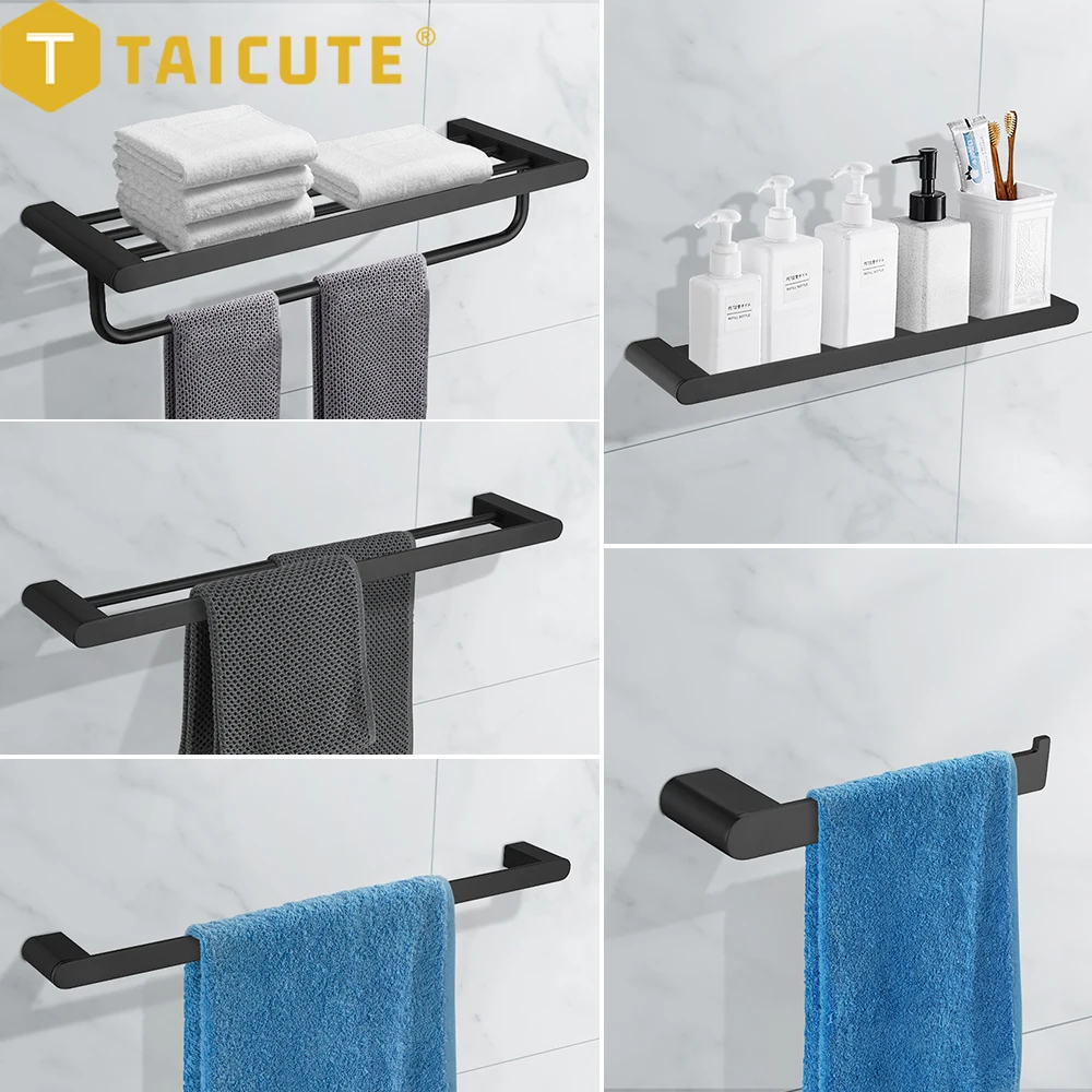 TAICUTE Black Bathroom Accessories Hardware Sets Premium Stainless Steel Towel Rack Bar Hook Toilet Paper Roll Holder Brush