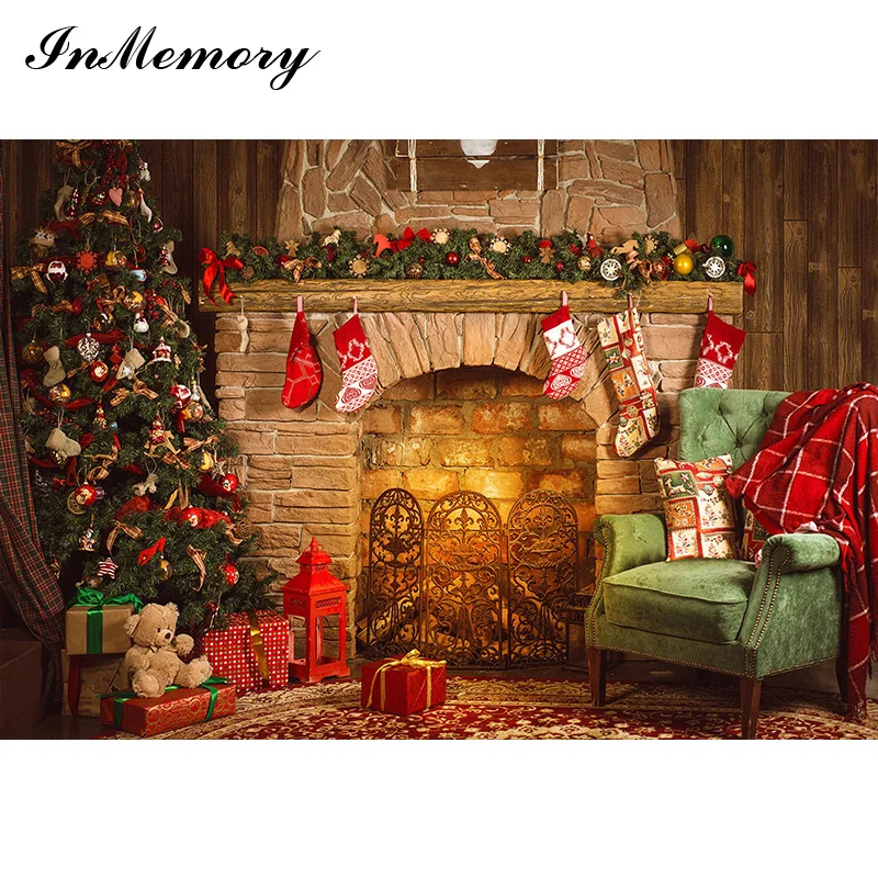 InMemory Family Holiday Photography Banner Christmas Backdrop Fireplace Gift Christmas Stocking Photo Background Vinyl Props