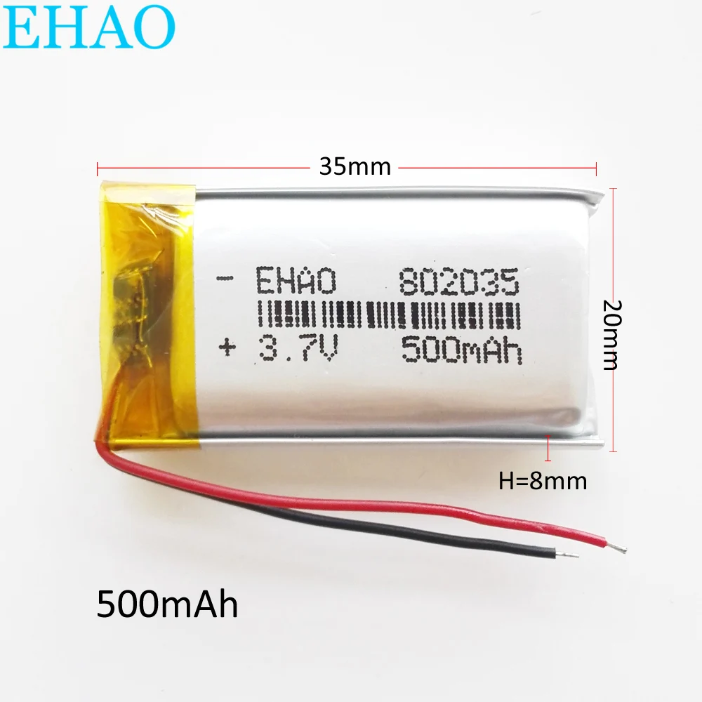 Batería recargable LiPo de polímero de litio de 3,7 V, 500mAh, 802035 para Mp3, GPS, PAD, DVD, E-book, Altavoz Bluetooth, auriculares, reloj inteligente