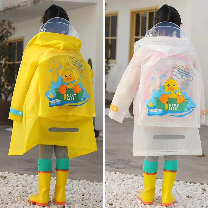 Children's raincoats, boys and girls, full-body waterproof, double brim with schoolbag seat, school poncho, primary school growt