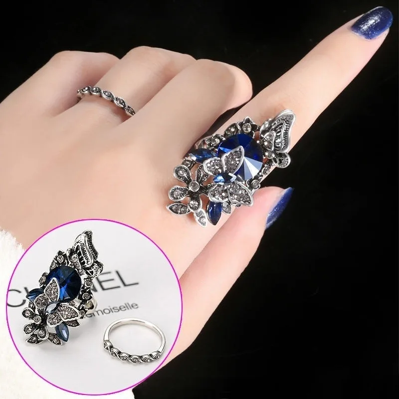 Hot Sale 2Pcs/Set Butterfly Ring Sets Fashion Creative Bohemia Women\'s Banquet Hand Ring Luxury Big Ladies Jewelry