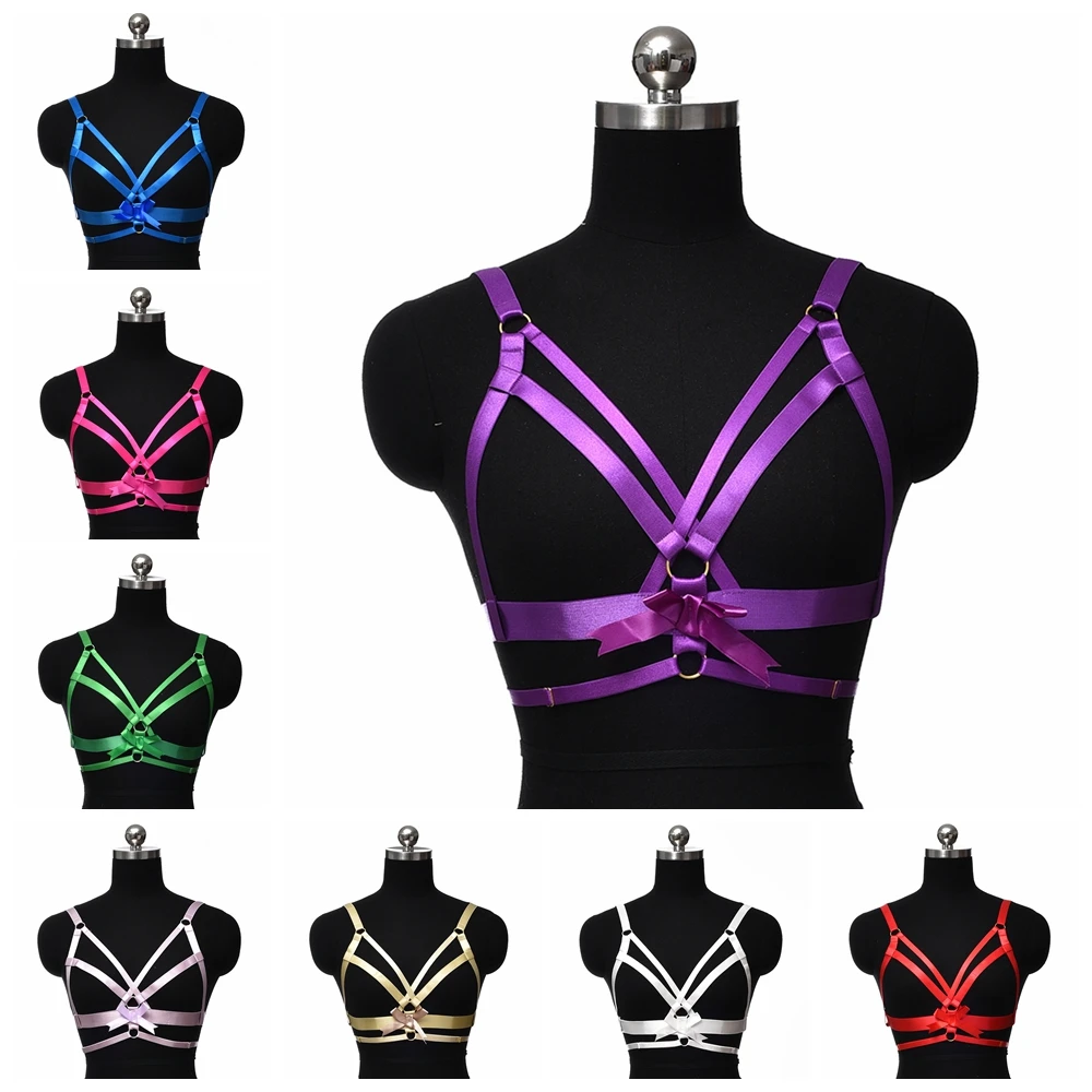 

Women Crop Top Bondage Harness Bow Multicolor Body Cage Gothic Rave Wear Bra Sexy Lingerie Body Belt Fetish Harness Underwear