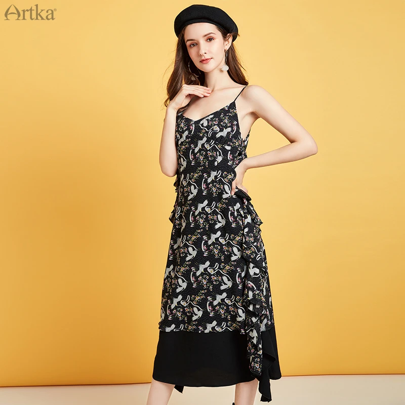 

ARTKA 2020 Spring Summer New Women Dress Vintage Black Floral Dress Long Ruffles Strap Dresses Sleeveless Chiffon Dress LA25109X