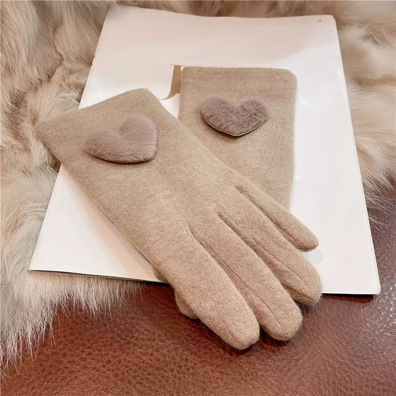 Women Winter Keep Warm Touch Screen Plus Velvet Heart Cute Lovely Elegant Wool Gloves Thicken Drive Cycling Windproof