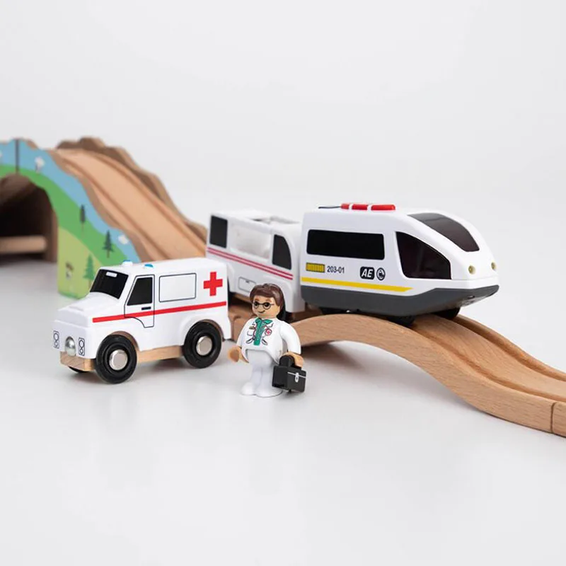 New Fire Truck Magnetic Train Car Ambulance Police Car Fire Truck Helicopter Compatible Brio Wood Track Children\'s Toys