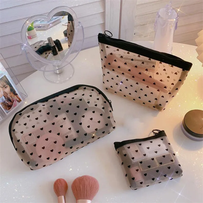 Heart Printed Mesh Cosmetic Case Makeup Bags Holder Cute Transparent Zipper Black Pencil Pen Case Pouch Convenient To Carry