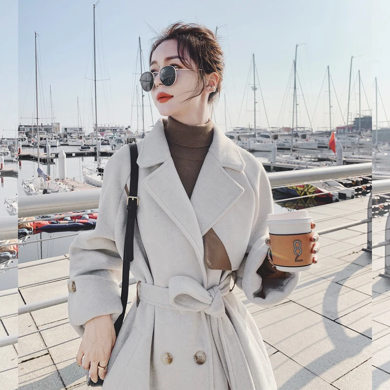 

Woolen Coat Women 2022 Winter New Korean Loose Long Overcoat Pocket Belt Fashion Outwear Thick Warm Hepburn Wool Jacket Female