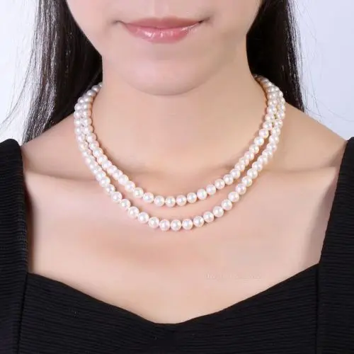 Double strand 9-10MM freshwater NATURAL WHITE PEARL NECKLACE 18