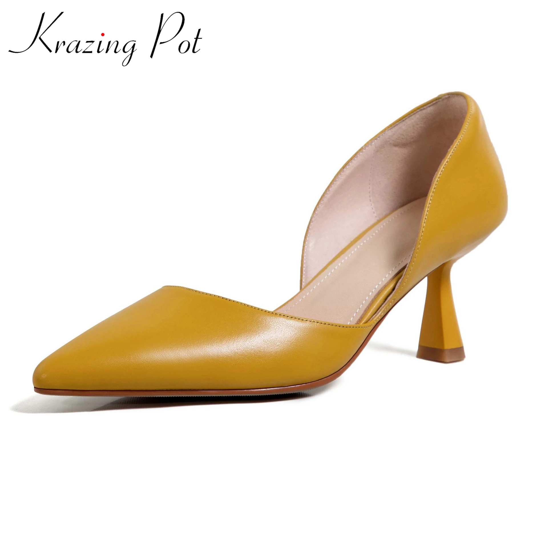 Krazing Pot-zapatos de tacón alto con punta puntiaguda para mujer, tacones de aguja coloridos de cuero de grano completo, sin cordones, a la moda,