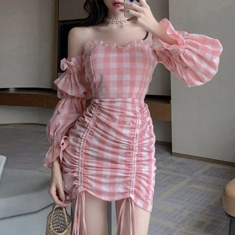 Fashion Women Mini Dress Off Shoulder Long Puff Sleeve Above Knee Dress Plaid Drawstring Bodycon Strapless Dress for Summer 2021