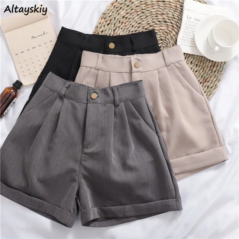 Summer Casual Shorts Adjustable Waist Loose All-match Korean Style Chic Tailored Bottoms Pockets Daily College Breathable Trendy