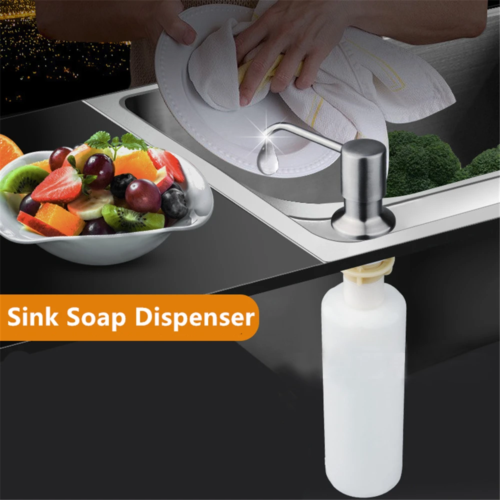 Stainless Steel Sink Soap Dispenser Pump Head Hand Dish Washing Soap Dispenser for Kitchen Bathroom Chrome Black 300ML