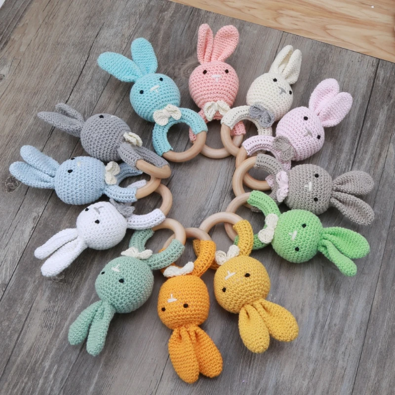 BPA Free Safe Crochet Baby Teether Cartoon Bunny Wooden  Rattle Toys DIY Infant Newborn Teething Ring Baby Stroller Cot Baby Toy