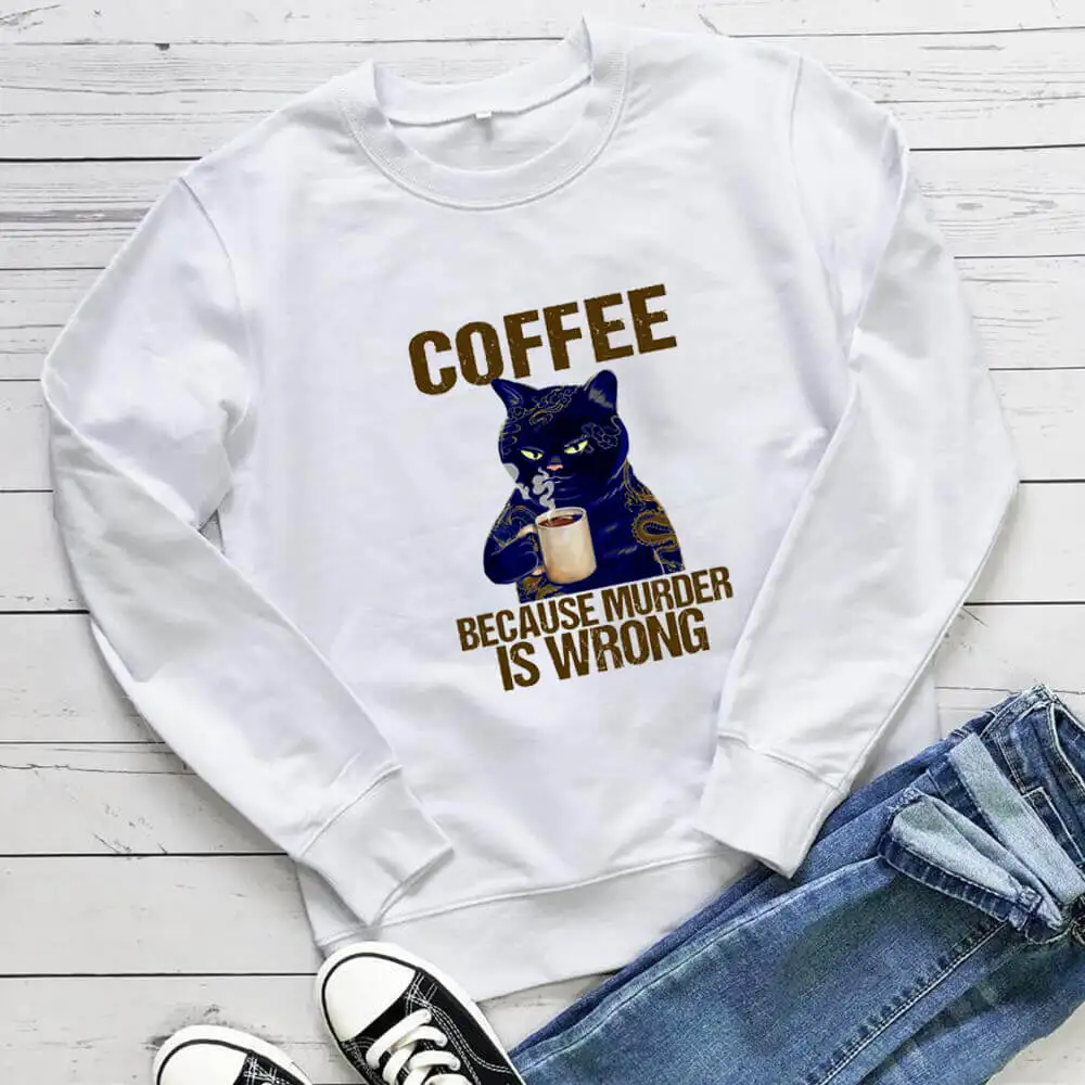 Coffee Cute Cat 100%Cotton Printed Women Sweatshirt Funny Cat Mom Life Spring Autunm Casual O-Neck Pullovers Long Sleeve Top