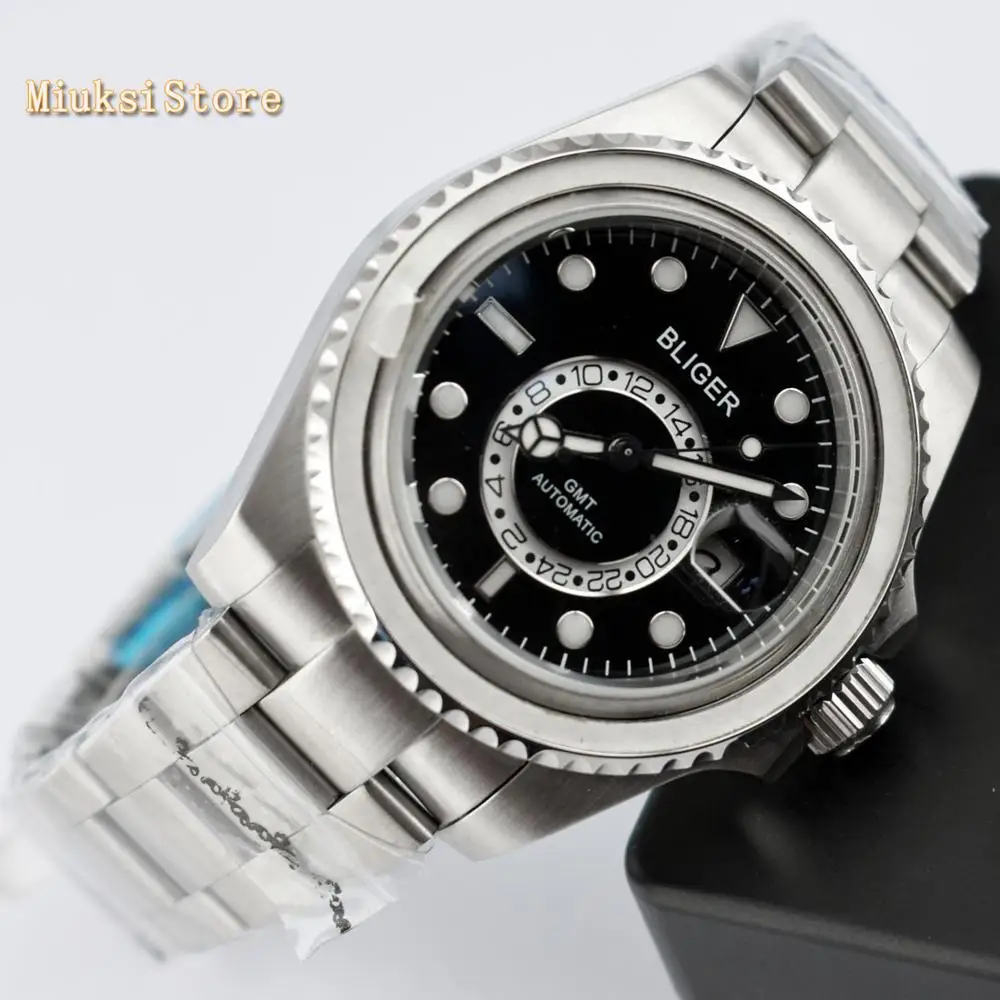 Bliger 43mm Sapphire glass Luminous marks black dial Ceramic Bezel GMT automatic mens top mechanical watch