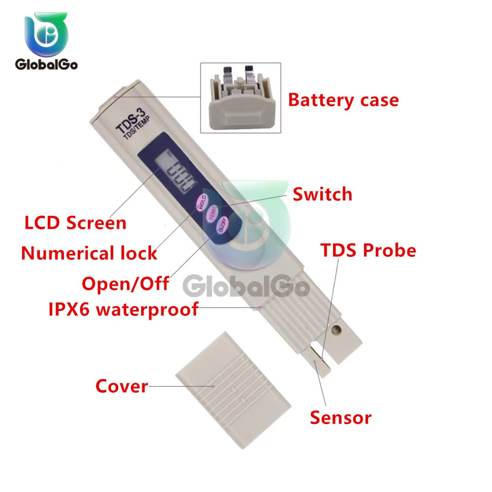 Medidor de agua Digital portátil, medidor de calidad del agua, Monitor de pureza, PH, TDS, Sensor de temperatura, medidor de prueba, TDS-3