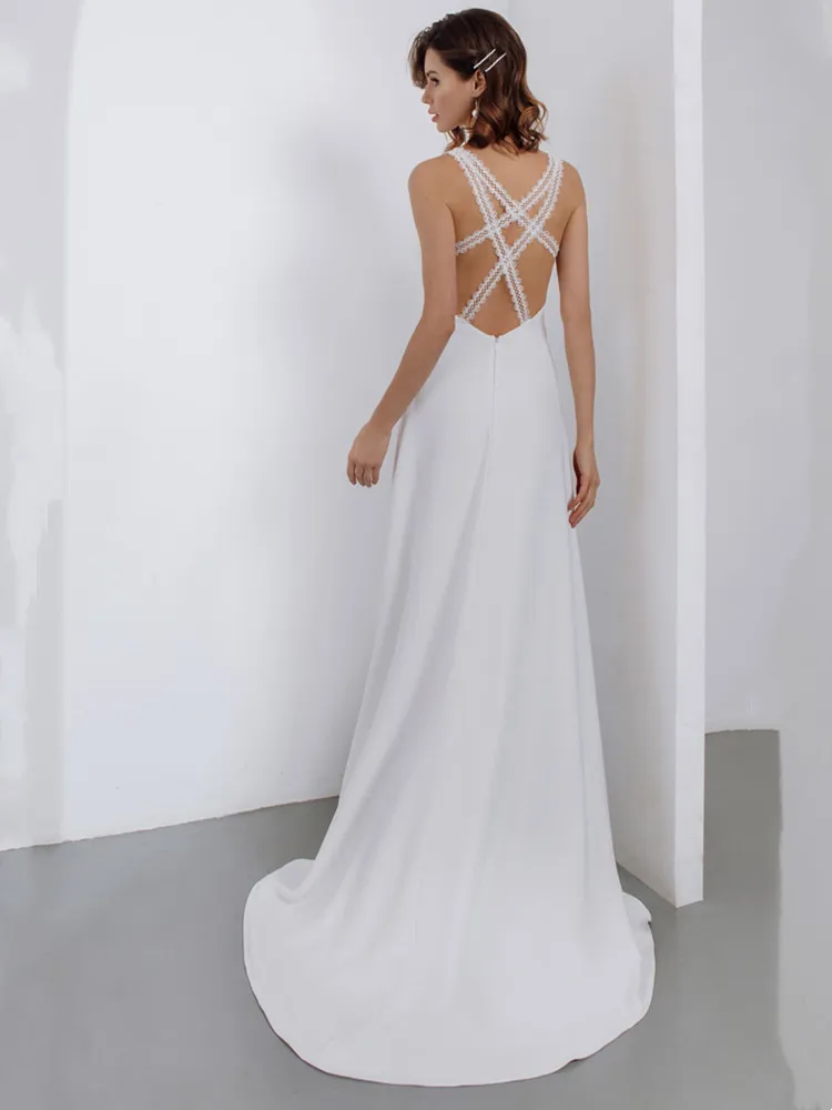 Abito da sposa Sexy a sirena con scollo a v 2024 spalline sottili in pizzo Backless Sweep Train abito da sposa Beach Summer Robe de mariée Stain