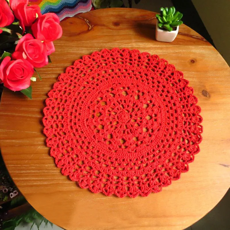 About 35CM Round Luxury Red Pink Cotton Crochet Flowers Lace Table Cloth Dining Coffee Tea Cup Mat Wedding Table Placemats