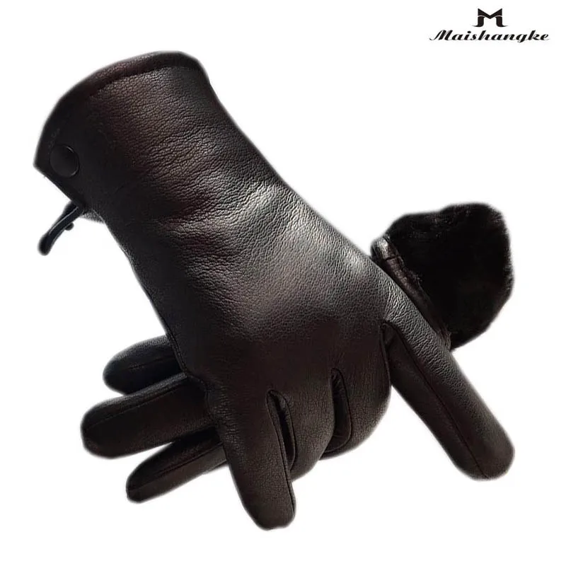 Winter Fashion Men\'s Real Wool Thick Deerskin Gloves Men\'s High Quality Classic Deerskin Real Wool Gloves Boys Genuine Leather F