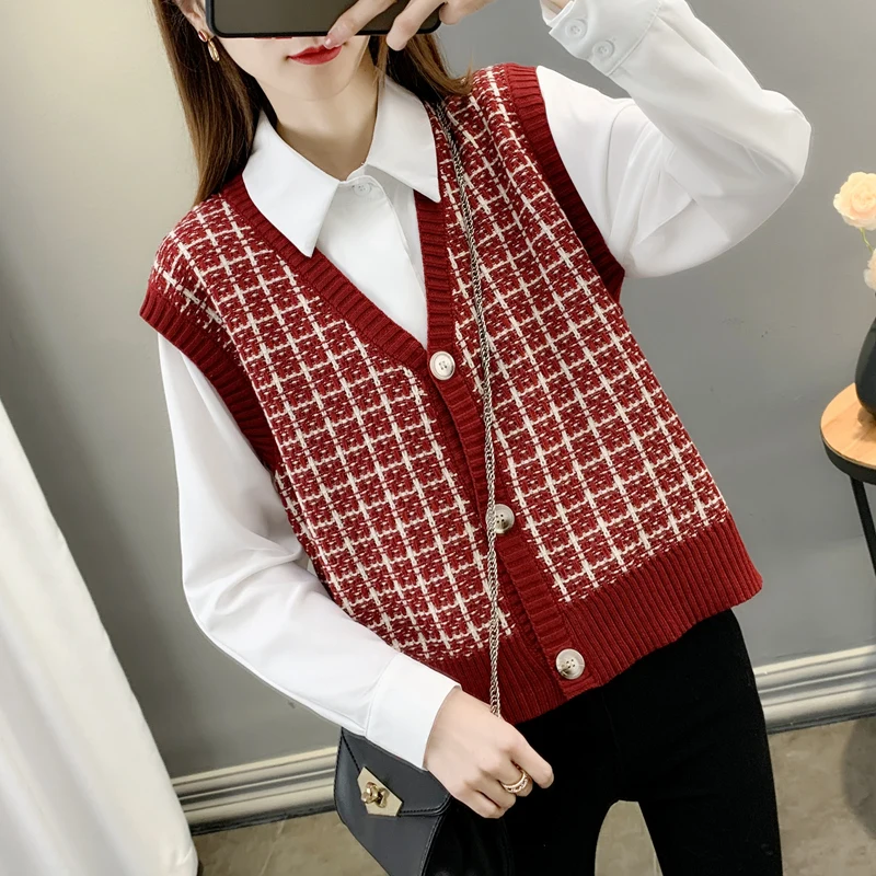 

V-neck Black Red Plaid Sweater Vest Women Spring Autumn Sleeveless Sweater Coat Korean Style School Ladies Girls Knit Vest