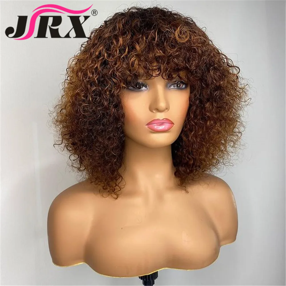 Jerry Curly Human Hair Wigs with Bangs Full Machine Made Wigs Highlight Honey Blonde Colored Wigs For Women Peruvian Remy Hair