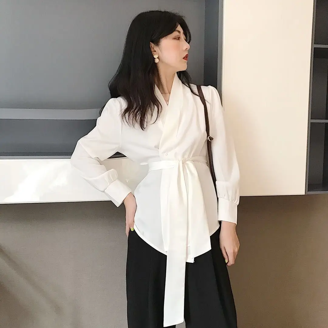 Women Faux Silk OL Shirt Tie Waist Party V Neck Satin Blouses Elegant Cardigan Long Sleeve Stitching Tops With Belt Office