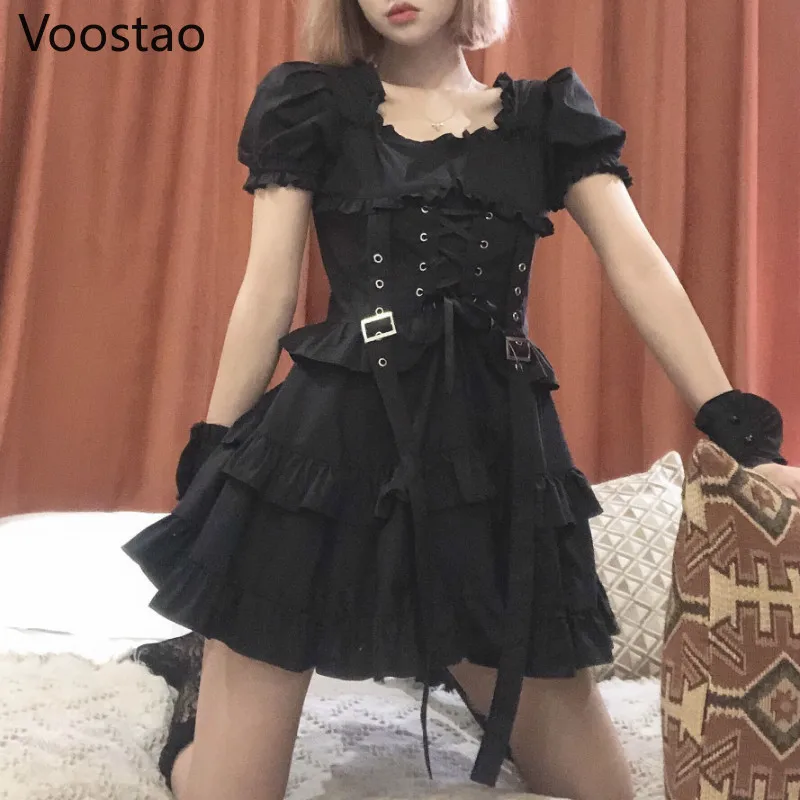 Japanese Women Black Gothic Lolita Dress Victorian Renaissance Retro Chic Punk Style Puff Sleeve Bandage Mini Dress Girl Dresses