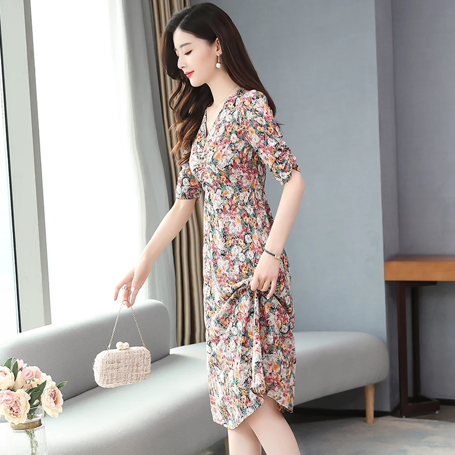 2022 Voan Cao Cấp Tranh Áo Mùa Hè Vintage Sang Trọng In Midi Sundress Nữ Thanh Lịch Bodycon Dự Tiệc Tối Vestidos