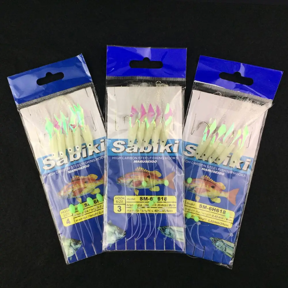 5Pcs/Set Swim Carbon Steel  Portable Fishing Tackle long tail  String hook Tied up Glow fish lure Soft bait