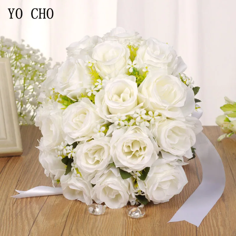 Yo Cho Bouquet da Sposa Fiore Artificiale Fiore di Seta Rosa Bouquet Bianco Falso Della Perla di Cristallo Del Partito Della Damigella D'onore di Promenade di Cerimonia Nuziale Forniture