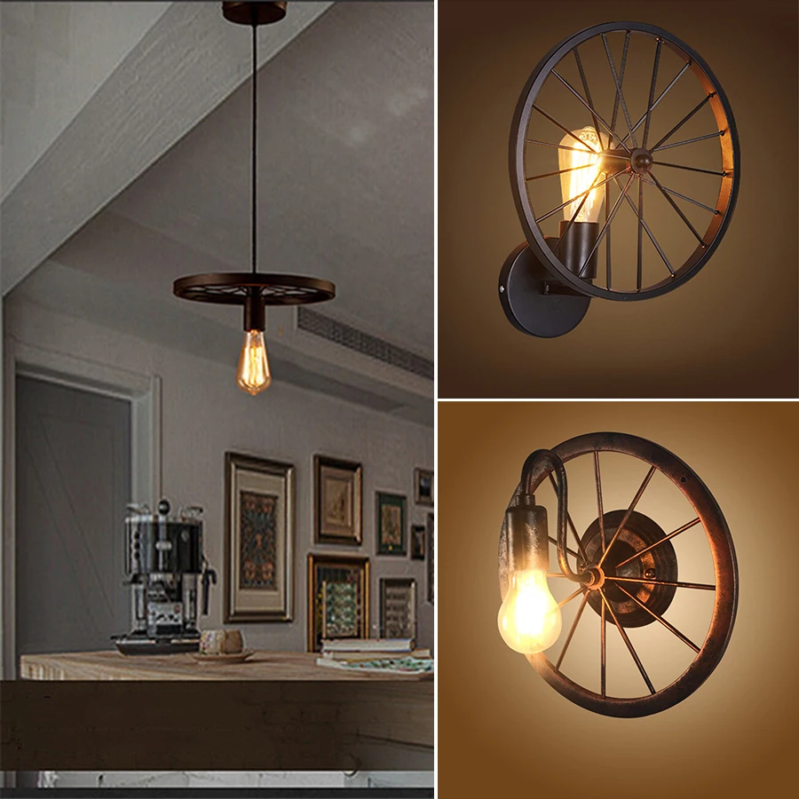 

Retro Industrial Wheel Pendant Light Vintage Bar Dining Room Kitchen Ceiling Wall Light Iron Art Restaurant Hanging Lamps Shade