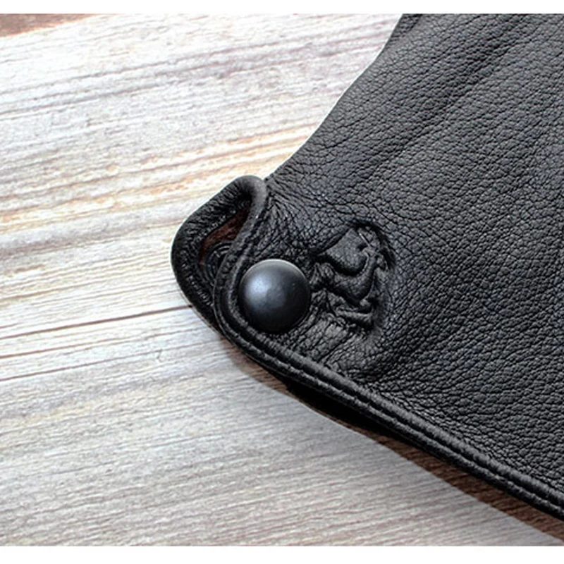 Guantes de piel de venado corrugados negros a la moda para hombre, forro de terciopelo de cuero, piel de conejo de imitación, guantes cálidos a