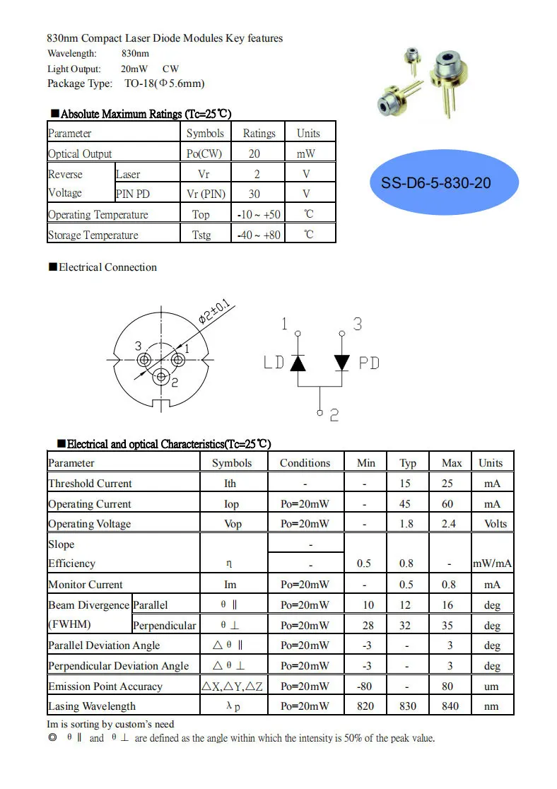 830nm 5mw 20mw 50mw Laser Diode Infrarot Laser Diode LD