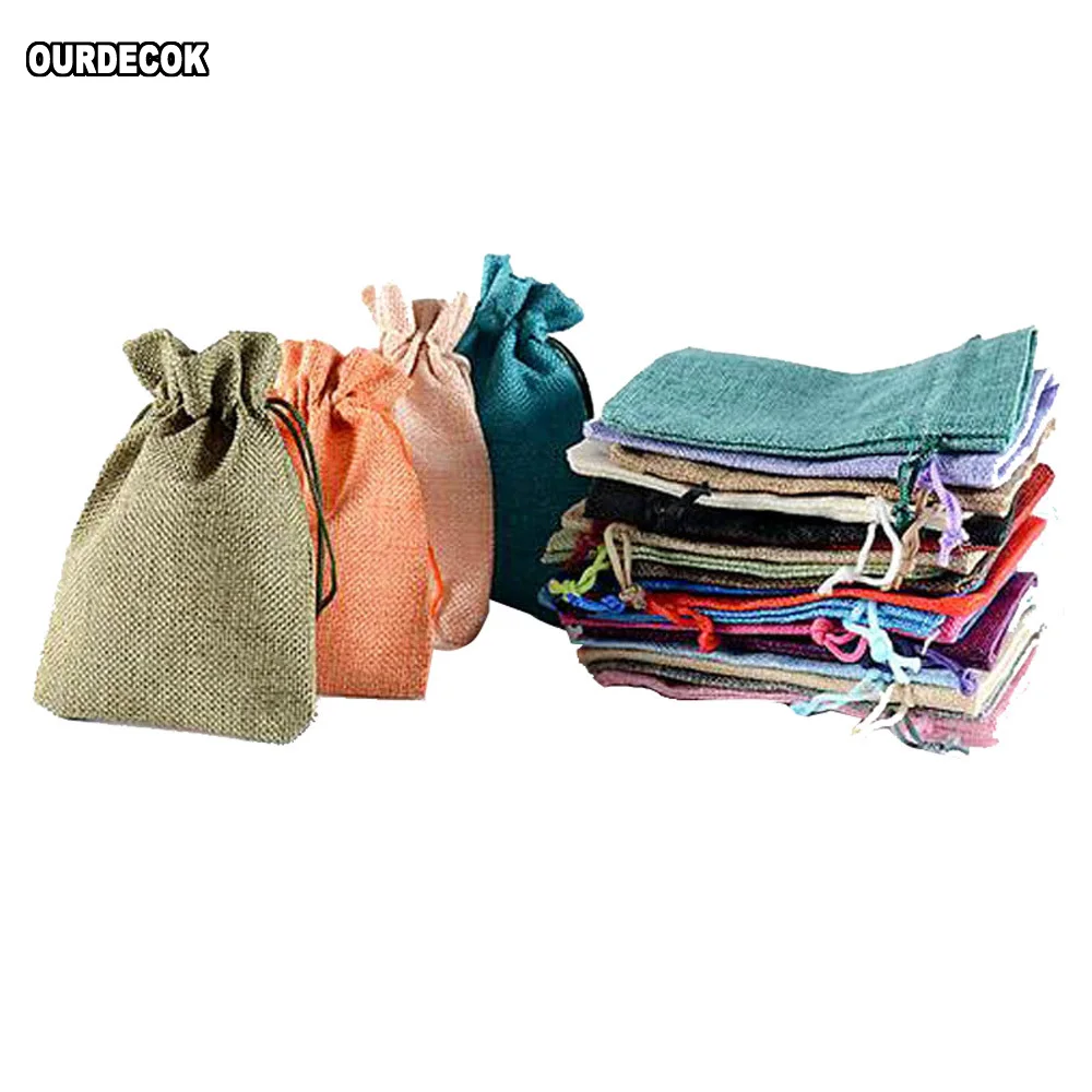 50 Pcs Pouch Linen Hessian Hemp Jute Drawstring Small Gift Packaging Bag Wedding Ring Necklace Jewelry Retail 2 Size