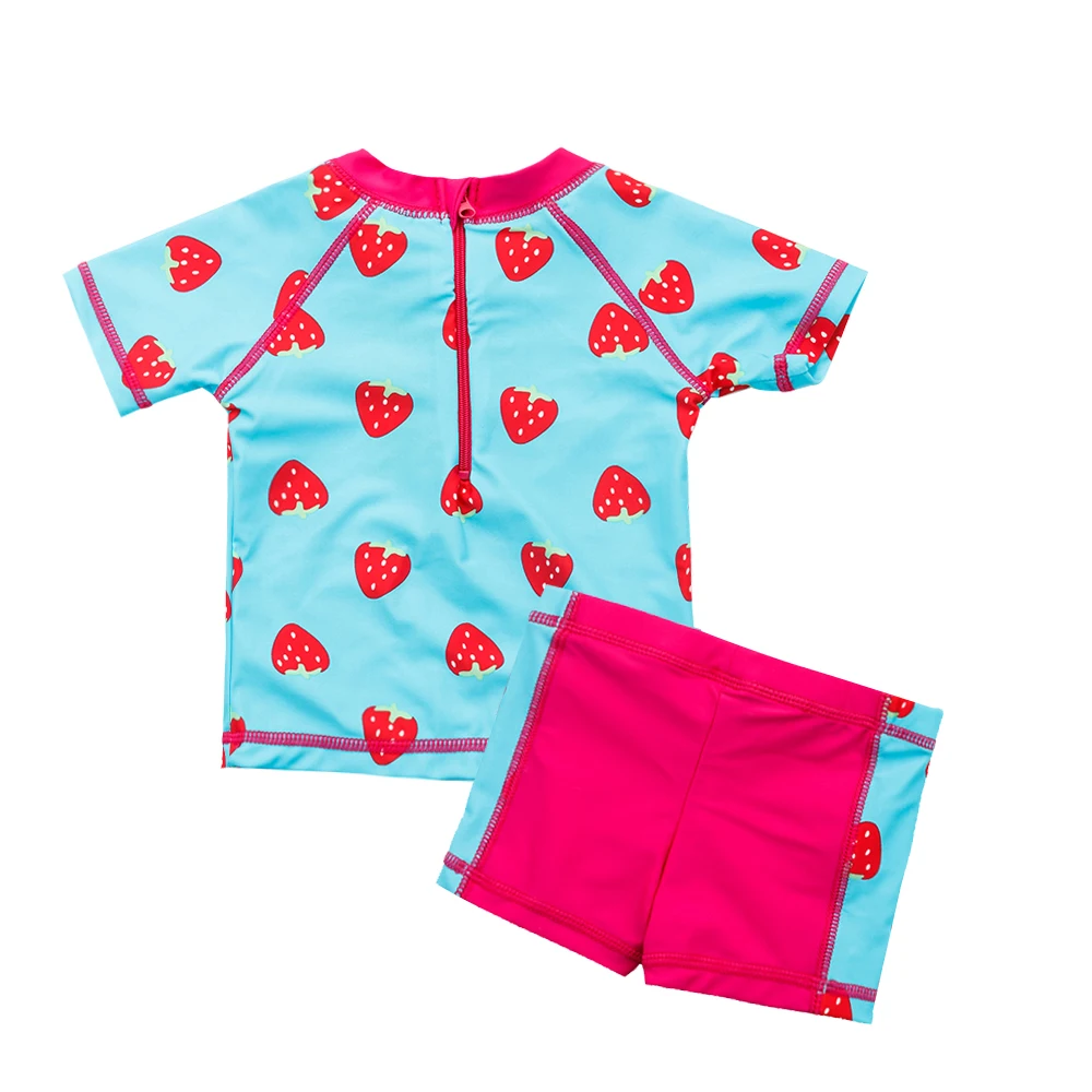 Wishere Strawberry Printed Swimwear Two Pieces Baby Girl's Swimsuit Sun Protection Kids' Sunsuit Short Sleeves Infant Beachwear