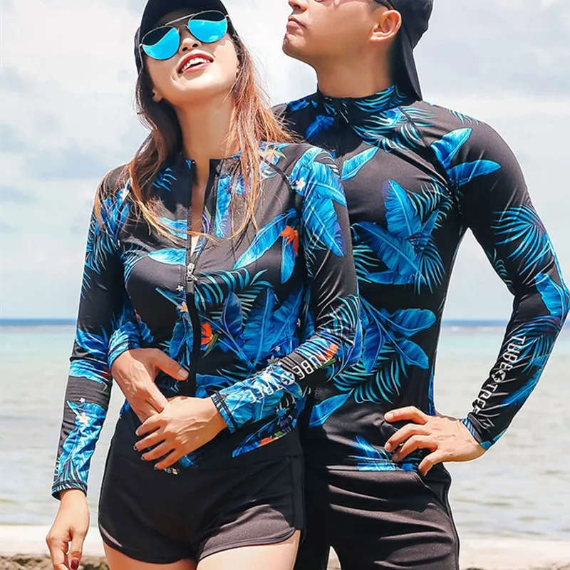 WackDaria Swimsuit Rash Guard Women Long Sleeve Couple Love Set Pant Leaf Color Surfing Suit Tankini Korea Kупальник