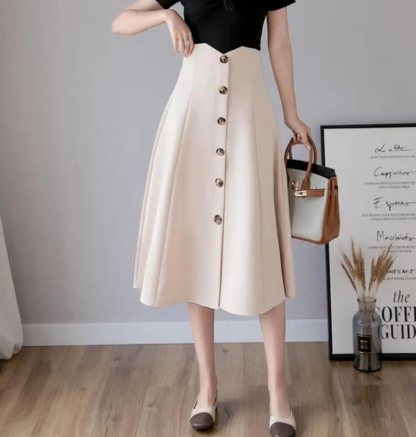 

Women Single-breasted Skirts Elegant Big Swing Skirt Plus Size Harajuku Korean High Waist Midi Skirt Jupe Femme r2286