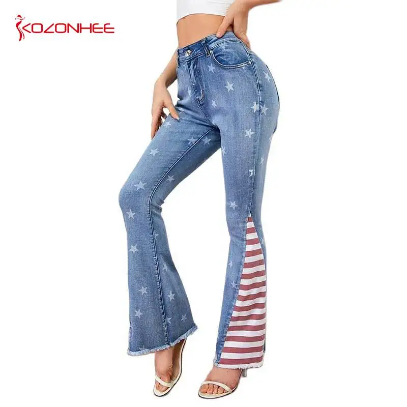 

Stars and Stripes Women's Flare Jeans Printed Star Pattern Stretch Trousers Woman Wide Leg Pants