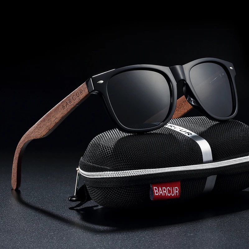 BARCUR Sonnenbrille aus schwarzem Walnussholz für Herren, polarisiert, hochwertige quadratische Sonnenbrille für Herren, UV400, Brillenzubehör, Originalverpackung – Detail 12