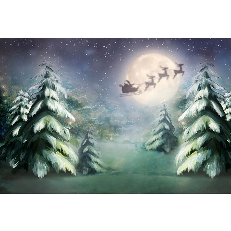 

Oil Painting Cedar Trees Backdrop for Newborn Baby Photography Snowflakes Full Moon Elks Santa Claus Christmas Photo Background