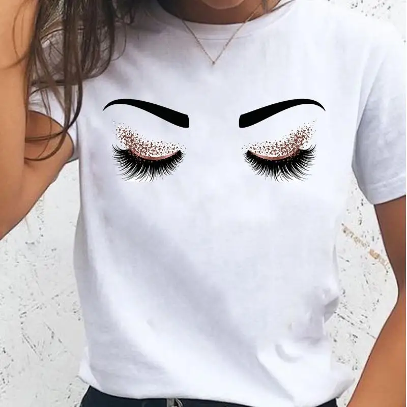 Women T-shirts Female Eye Lashes T Tee Ladies Short Sleeve Cartoon Casual Trend Clothes Spring Summer Fashion Graphic Tshirt