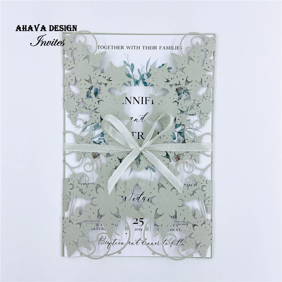 Romantic  Silver Snowflake Laser Cut Wedding Invitation Card, Customized Insert With Bowtie And Envelope, Free Designs