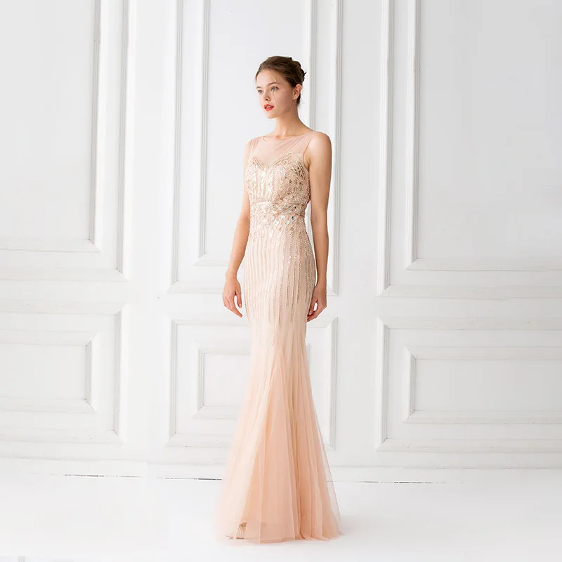 ผู้หญิงบาร์ Mitzvah ชุด Illusion O-Neck Elegant เซ็กซี่ชุดราตรียาวเย็บปักถักร้อย Sequined ชุดราตรีชุดราตรี