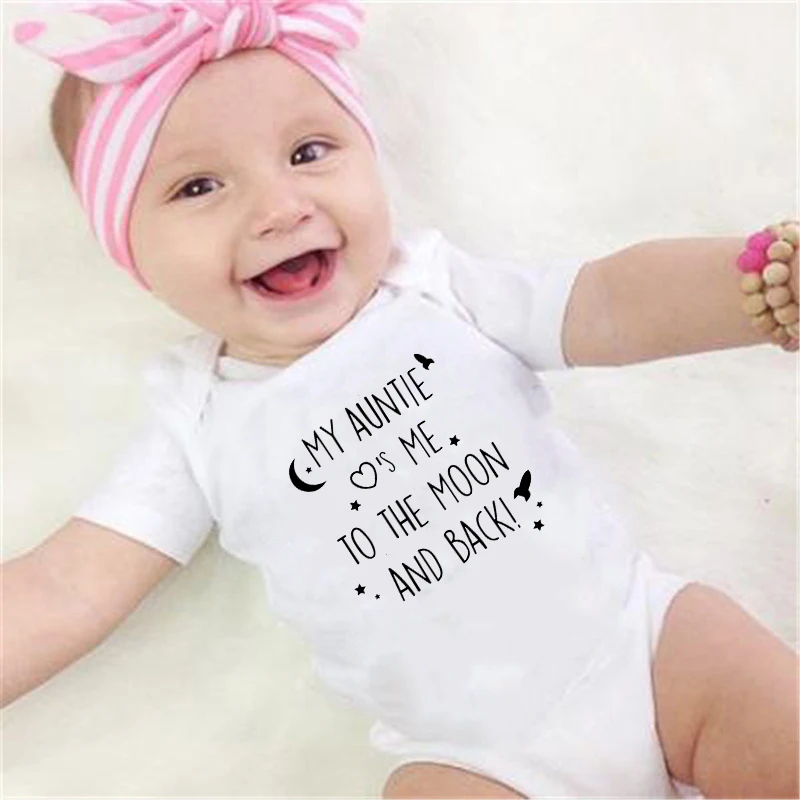 

My Auntie Take Me To The Moon and Back Print Newborn Baby Rompers Short Sleeve Cotton Baby Boys Girls Onesies Baby Shower Gift