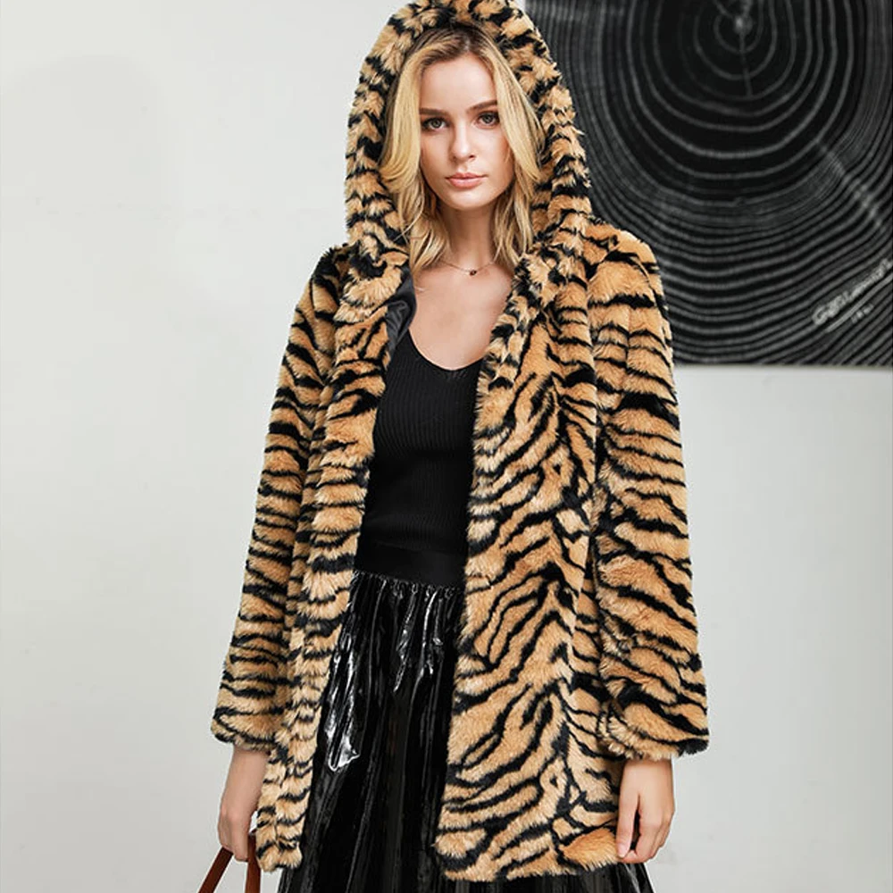 Mantel bulu imitasi bergaris harimau tebal, Hoodie lengan panjang, mode longgar, ukuran Plus, gaya Barat, musim dingin, baru, 2019