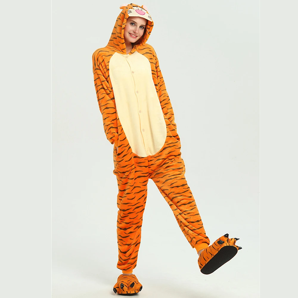 Halloween Tiger Onesies Costume Cartoon Unisex-adult Men Couple Animals Tiger Pajamas Hooded Sleepwear Women Cosplay Jumpsuit