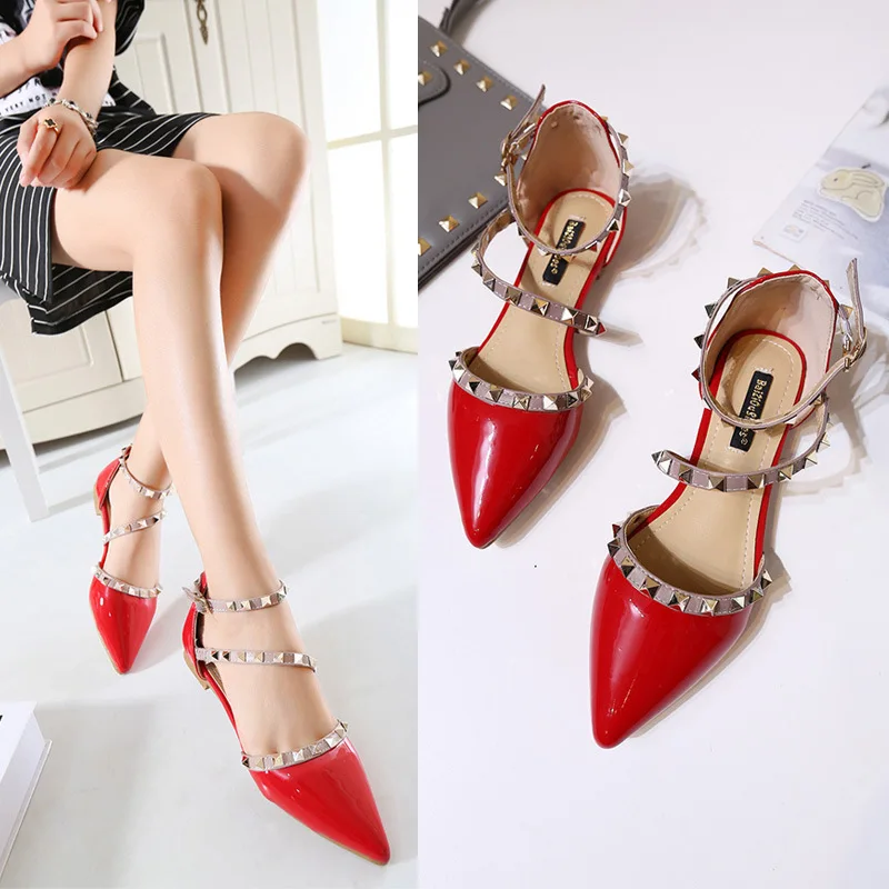 D\'orsay Cut Out Studded Red Patent Leather Rivets Women Strappy Pointed Toe Shoes Flat Sandals Ankle Buckle Size 35-43