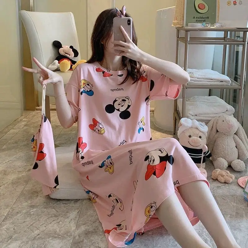 Doek Tas Mickey Minnie Print Pyjama Vrouwelijke Zomer Prinses Zoete Zomer Cartoon Pyjama Korte Mouwen Jurk