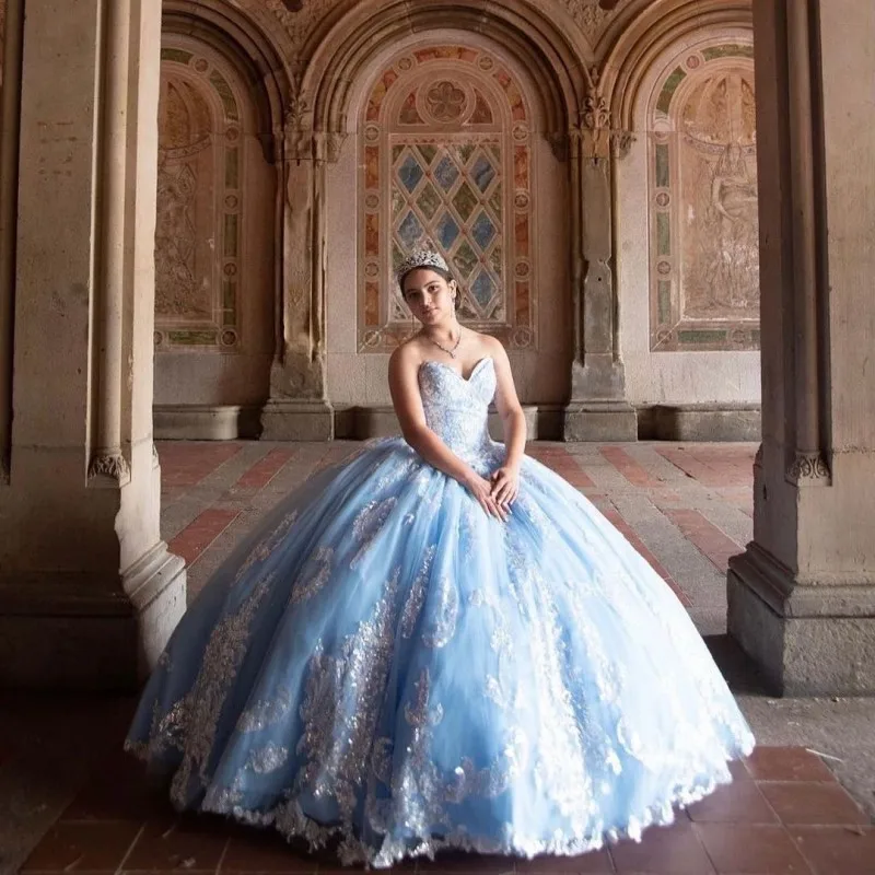 Vestido de baile com lantejoulas, azul-céu mexicano, vestidos de baile, coração, com apliques, vestuário formal